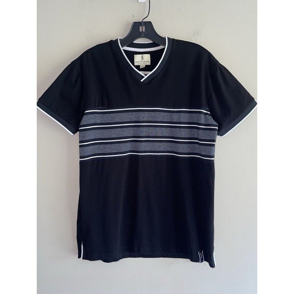 Scott James Black V Neck Tshirt Mens Size L Whites Stripes Short Sleeves